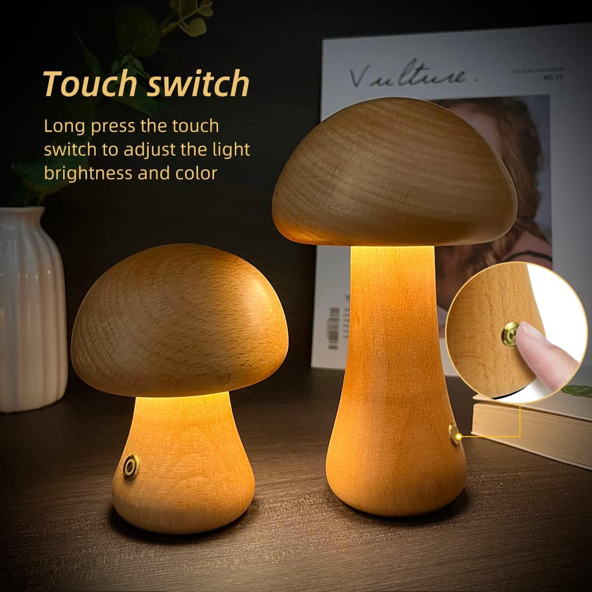 Nordic Wood Touch Mushroom Lamp Stepless Touch Dimming Control - Live Cozee
