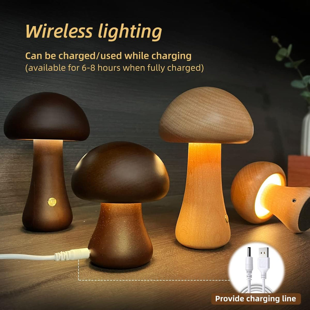 Cordless Rechargeable Wooden Mushroom Nightstand Lamp USB Charging and Runtime - Live Cozee