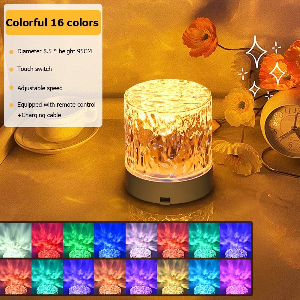 Dynamic Rotating Water Ripple Crystal Projection Lamp glowing golden waves