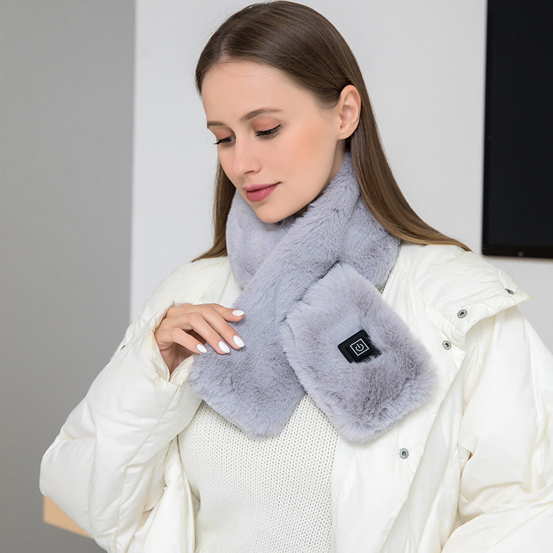 Live Cozee USB 3-Temp Heated Fleece Neck Wrap Scarf in Classic Gray for winter warmth and neck pain relief